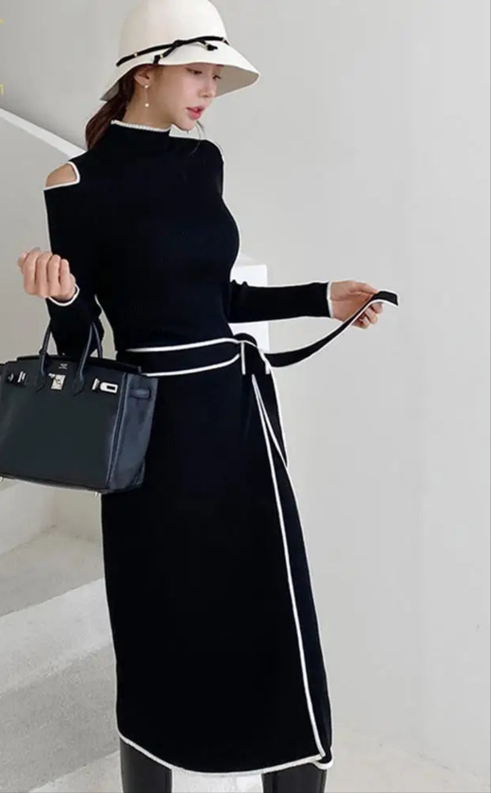 Autumn Elegant OL Lace up Strapless Elastic Knit Pullover Sweater Long Dress Black Sheath Pencil Knitted Dresses