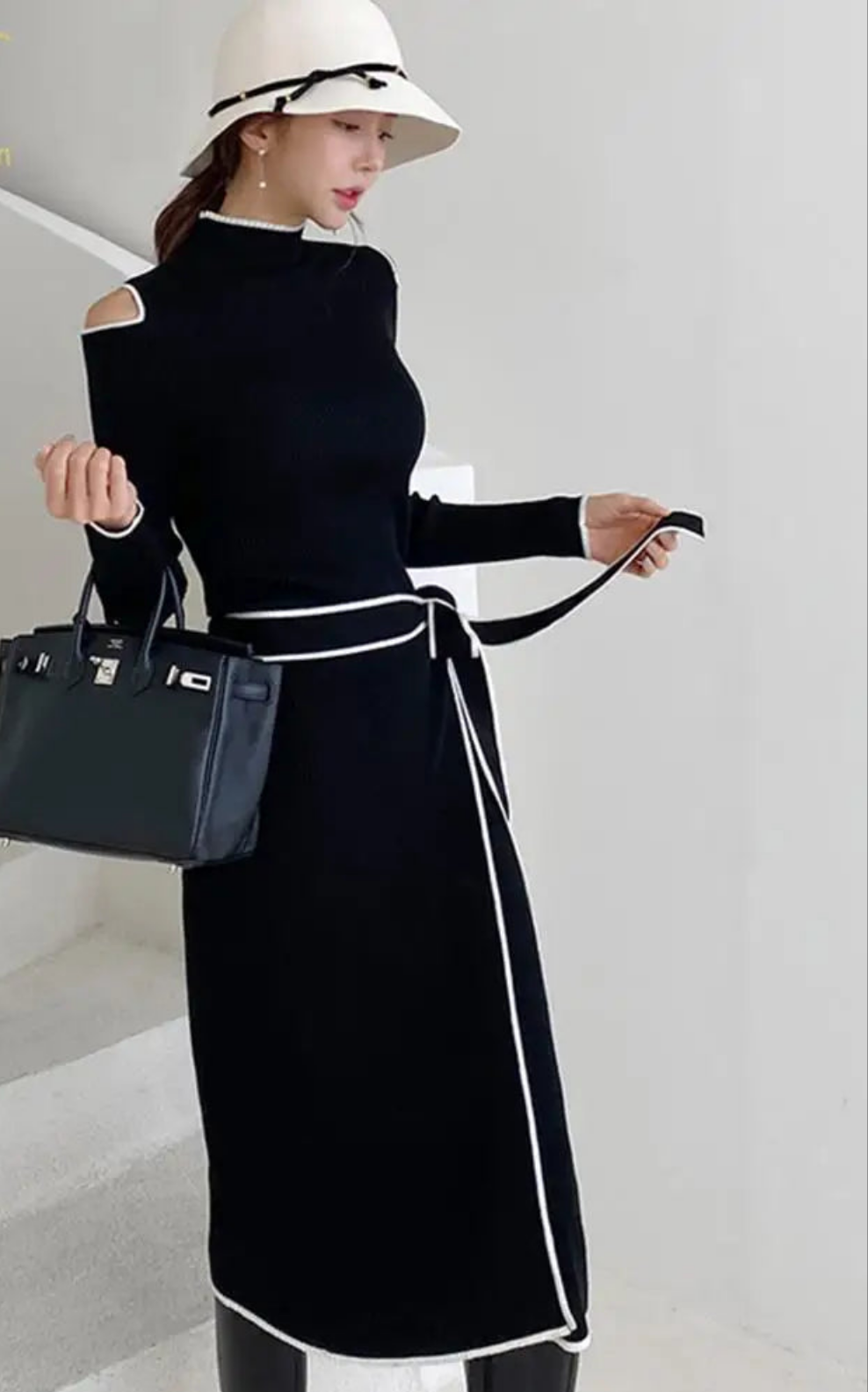 Autumn Elegant OL Lace up Strapless Elastic Knit Pullover Sweater Long Dress Black Sheath Pencil Knitted Dresses