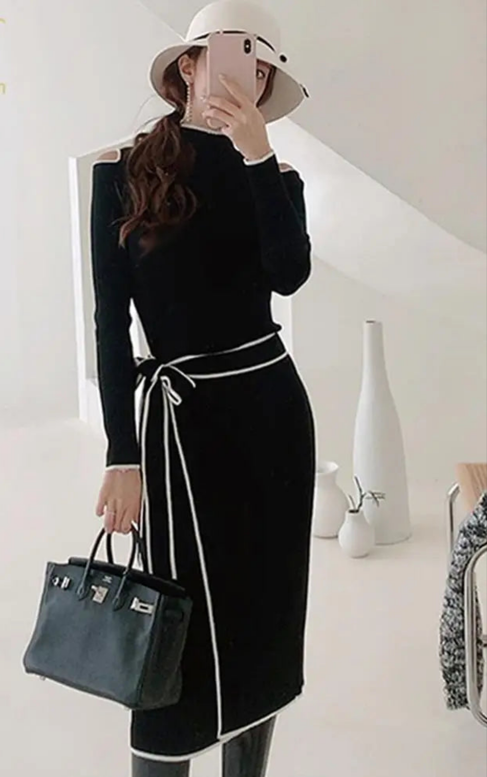 Autumn Elegant OL Lace up Strapless Elastic Knit Pullover Sweater Long Dress Black Sheath Pencil Knitted Dresses