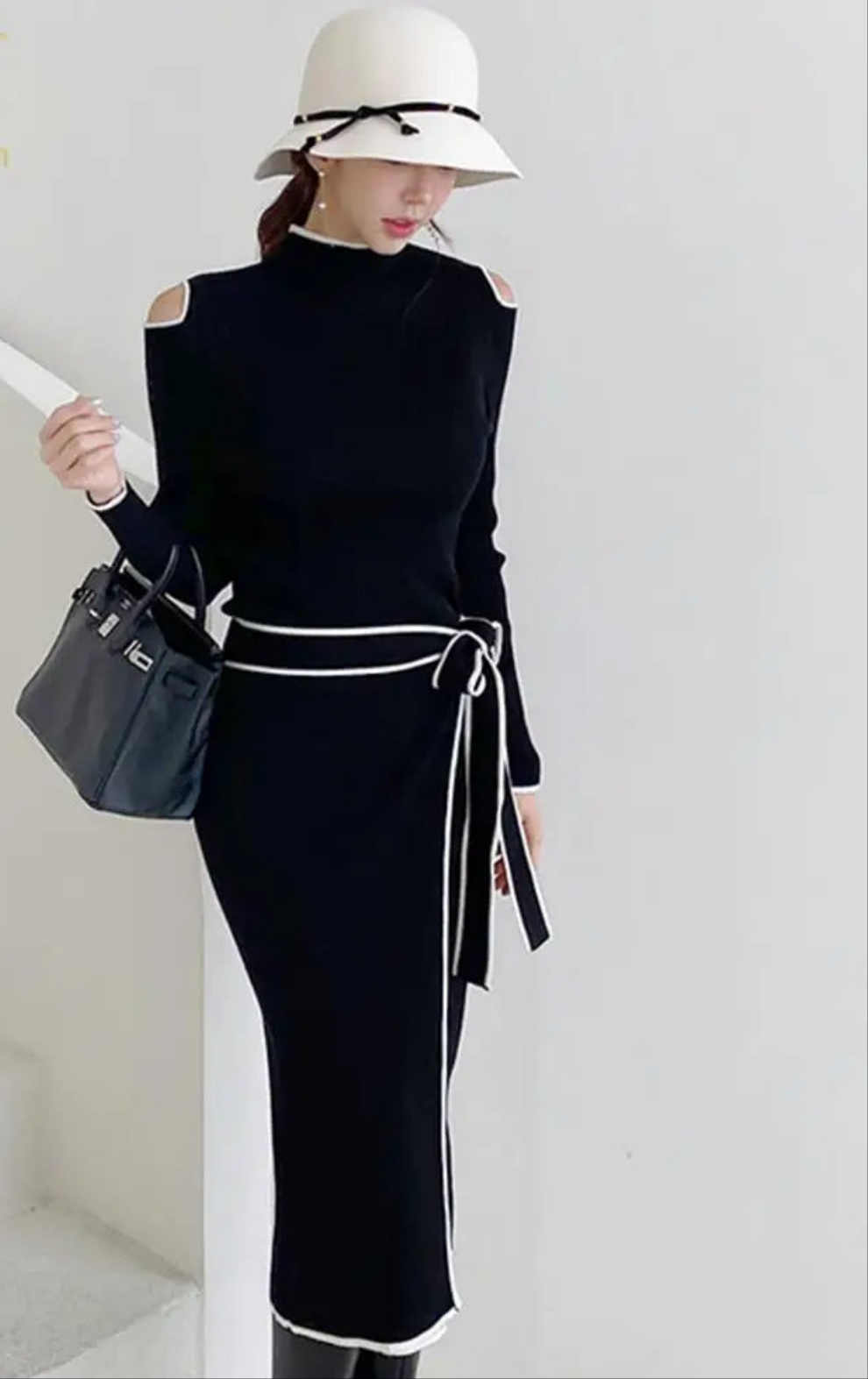 Autumn Elegant OL Lace up Strapless Elastic Knit Pullover Sweater Long Dress Black Sheath Pencil Knitted Dresses