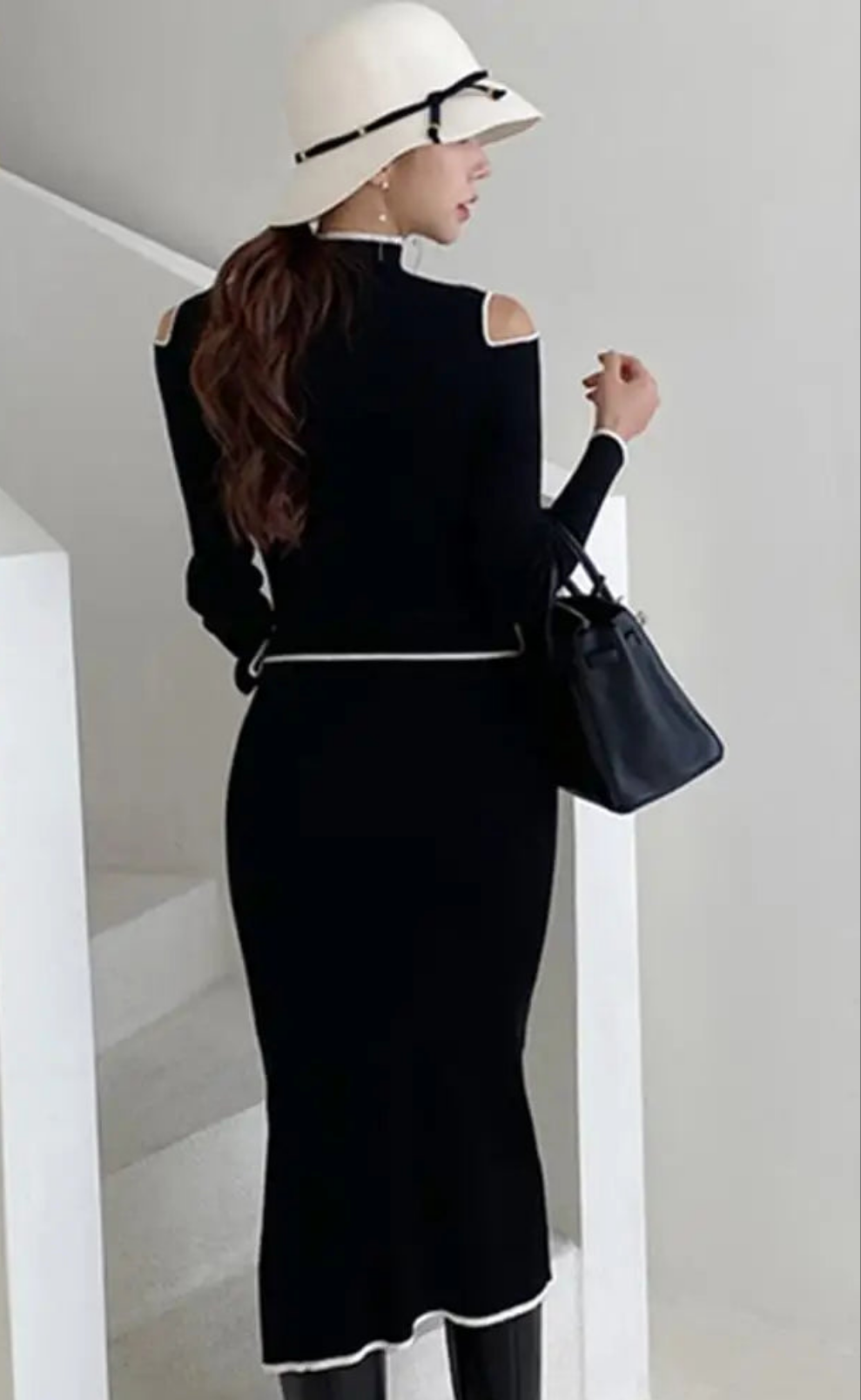 Autumn Elegant OL Lace up Strapless Elastic Knit Pullover Sweater Long Dress Black Sheath Pencil Knitted Dresses