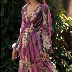 Printed V-Neck Long Sleeve Dress