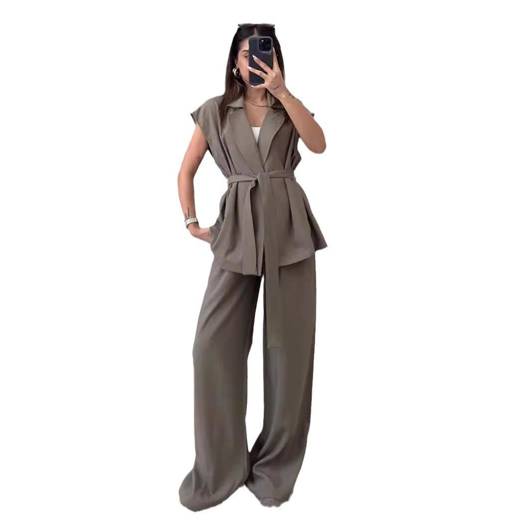 Sleeveless Oversize Lace-up Cardigan High Waist Trousers Suit - Trendy Mix