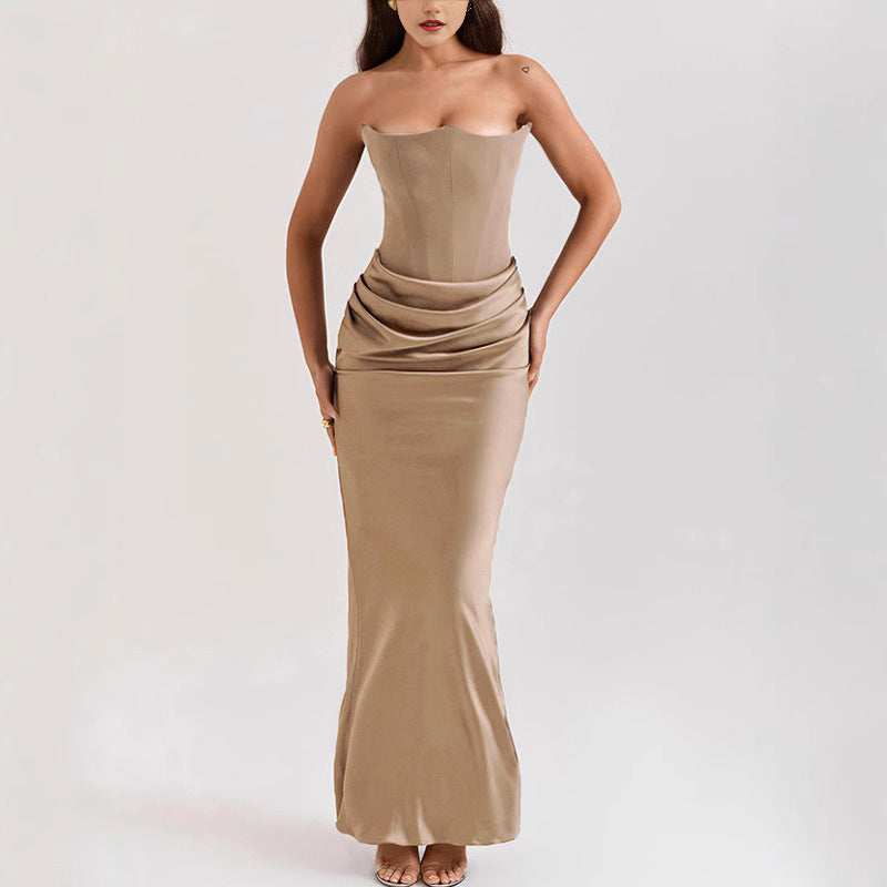 Satin Pleated Patchwork Bandeau Dress