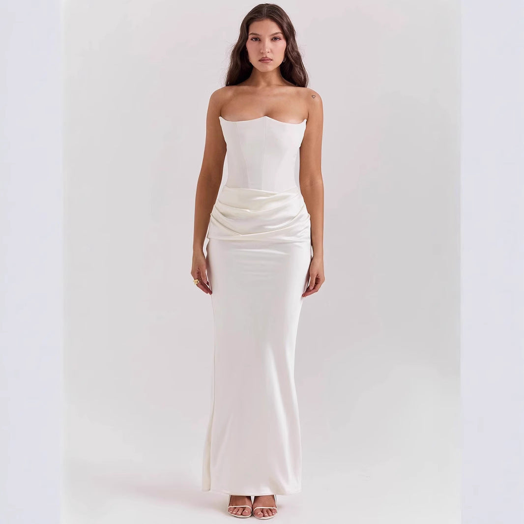 Satin Pleated Patchwork Bandeau Dress