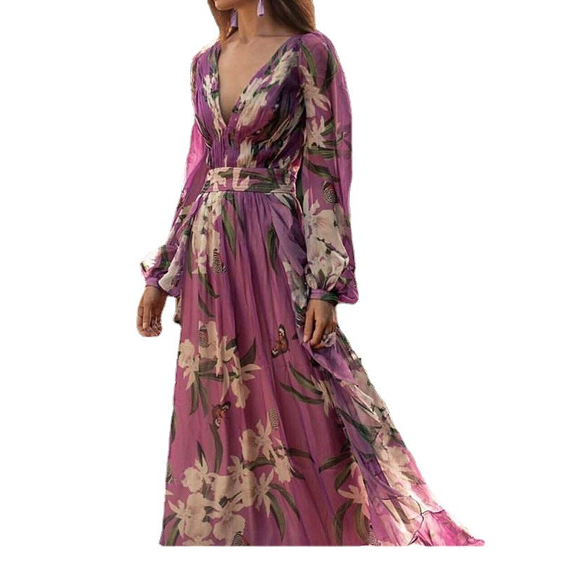 Printed V-Neck Long Sleeve Dress