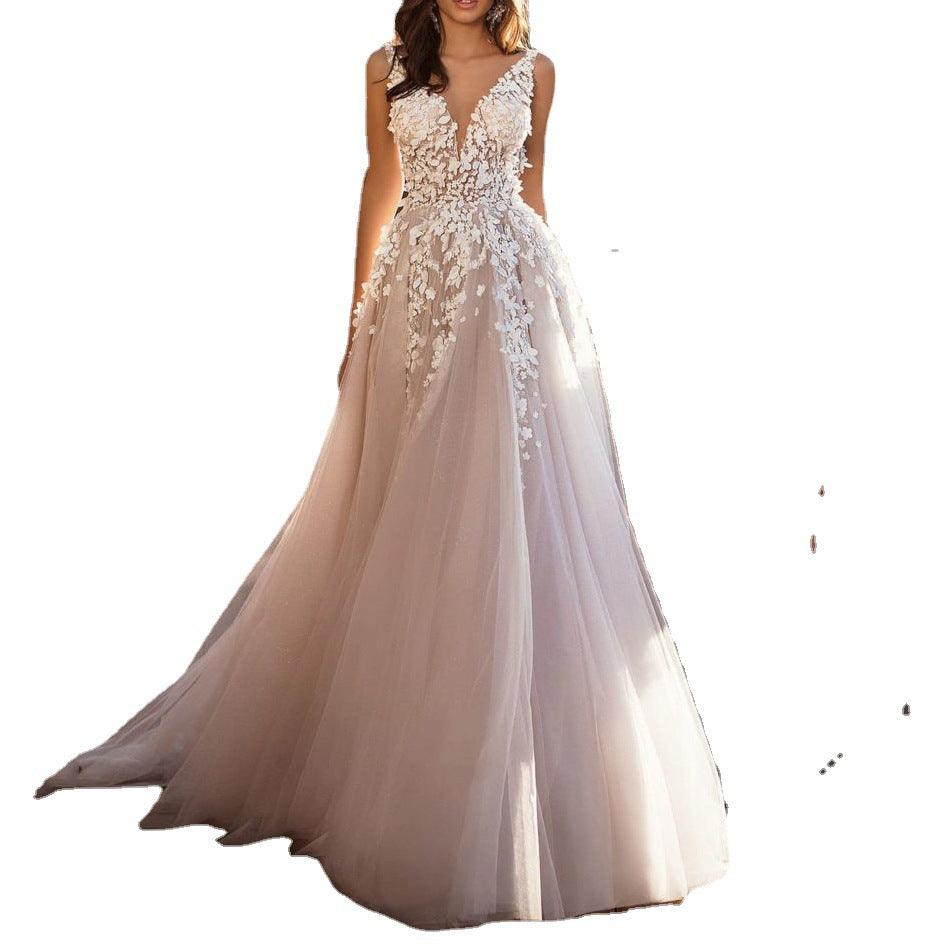 European And American Style Sexy Lace Dress Sleeveless Deep V-neck Wedding Dress Embroidery - Trendy Mix