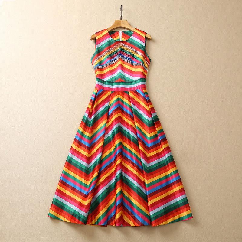 Heavy Industry Bead Tube Rhinestone Rainbow Large Swing Dress - Trendy Mix