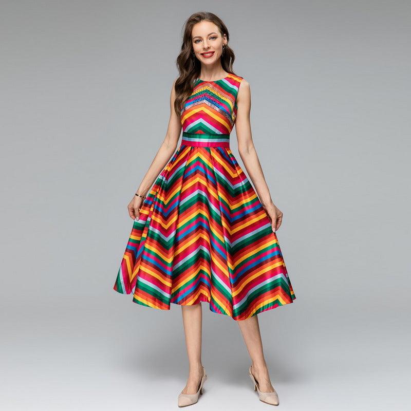 Heavy Industry Bead Tube Rhinestone Rainbow Large Swing Dress - Trendy Mix