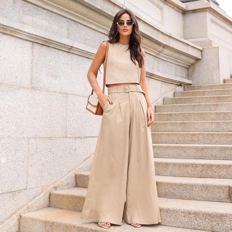 Women's Fashion Casual Temperament Crew Neck Sleeveless Top High Waist Wide Leg Pants Suit - Trendy Mix