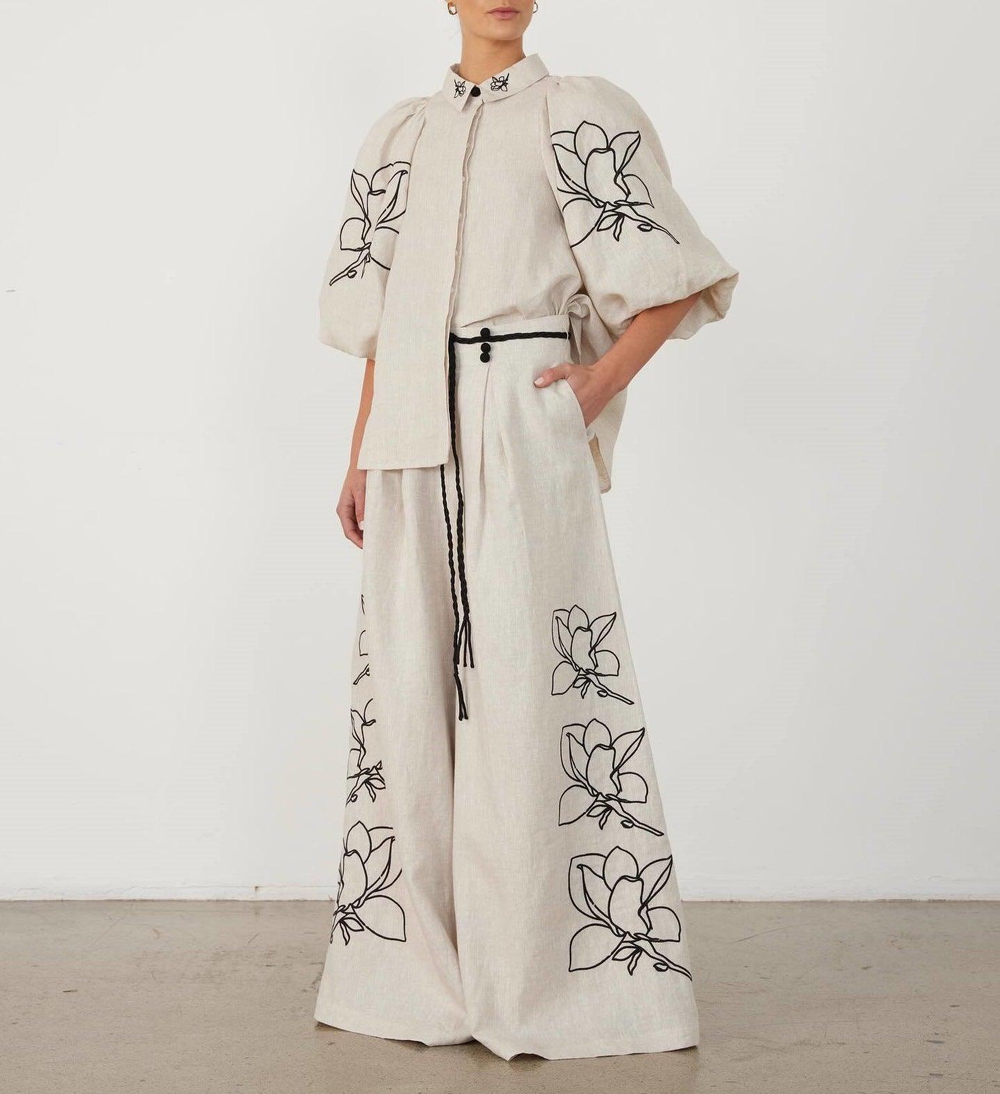 Cotton And Linen Printed Wide-leg Pants Suit - Trendy Mix