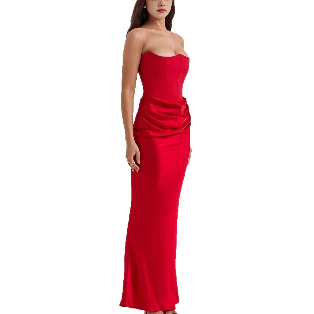 Satin Pleated Patchwork Bandeau Dress