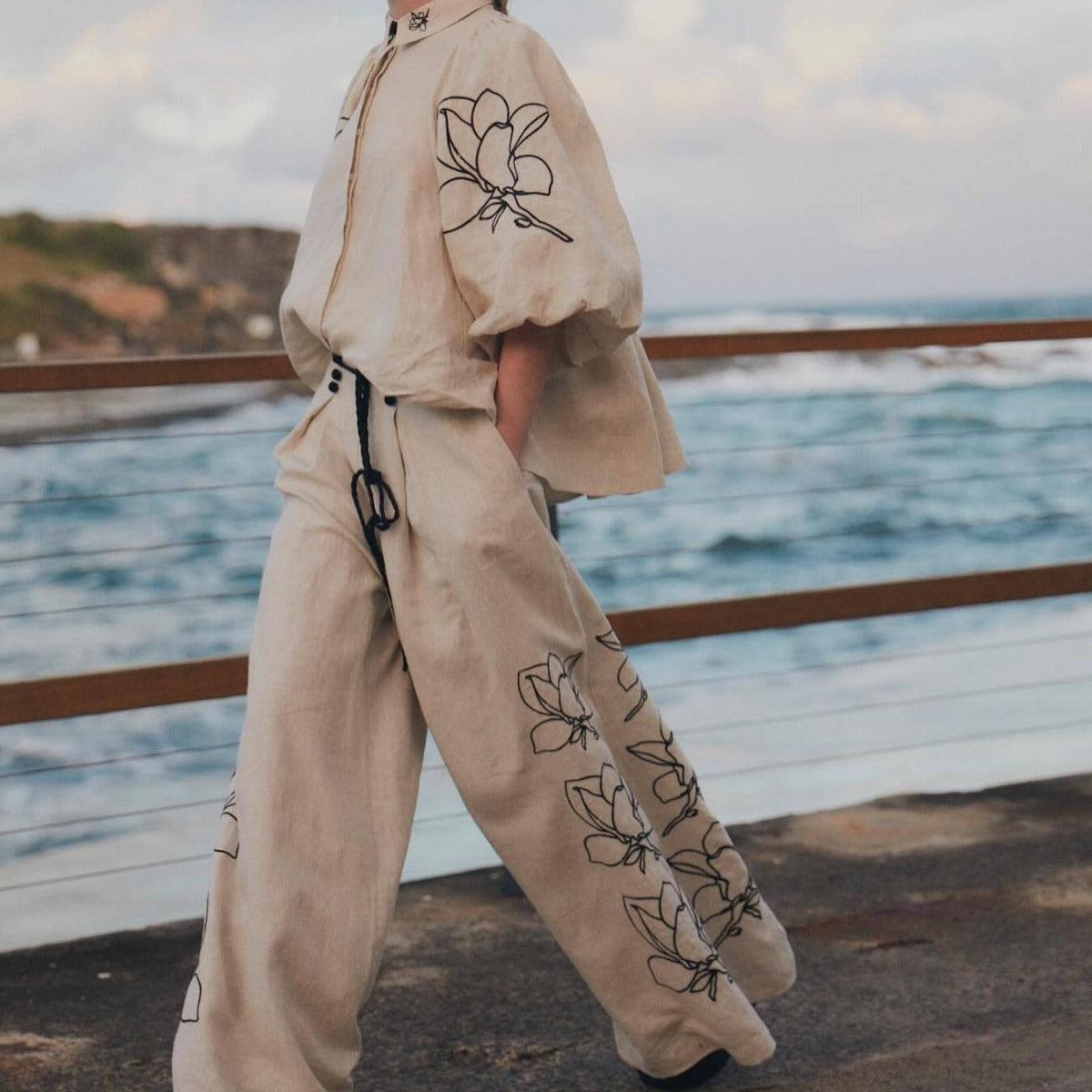 Cotton And Linen Printed Wide-leg Pants Suit - Trendy Mix