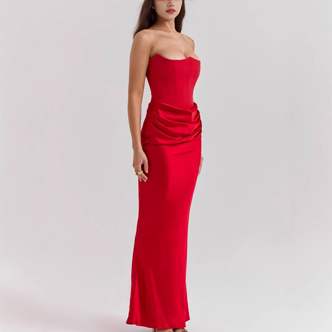 Satin Pleated Patchwork Bandeau Dress