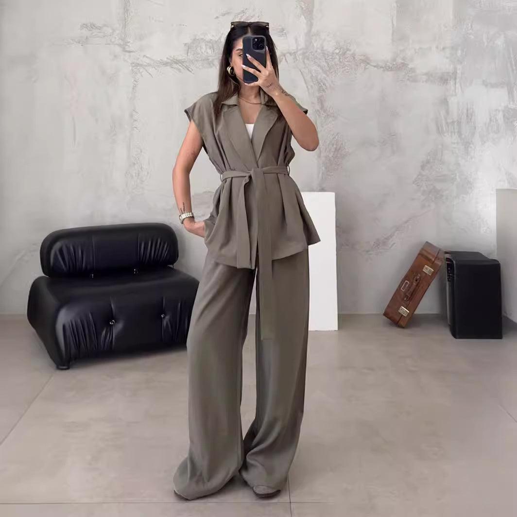 Sleeveless Oversize Lace-up Cardigan High Waist Trousers Suit - Trendy Mix