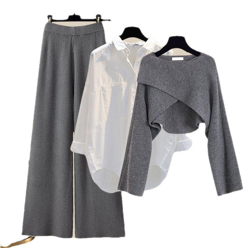 Knitted Sweater Shirt Wide Leg Pants Three-piece Set Autumn And Winter Suit Women - Trendy Mix