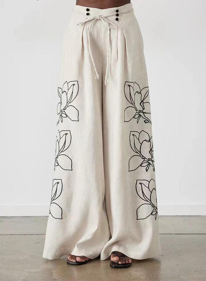 Cotton And Linen Printed Wide-leg Pants Suit - Trendy Mix