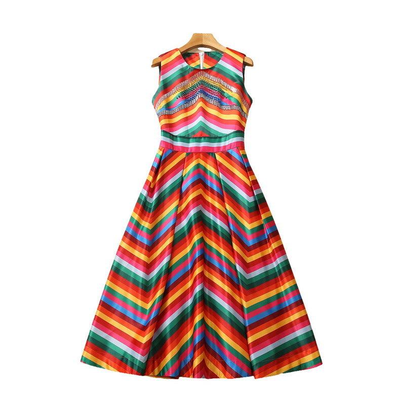 Heavy Industry Bead Tube Rhinestone Rainbow Large Swing Dress - Trendy Mix