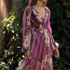 Printed V-Neck Long Sleeve Dress