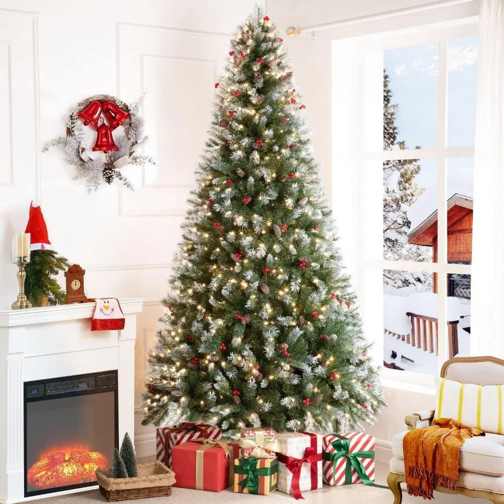 Frosted Prelit Artificial Christmas Tree with Pine Cones, Faux Berries, Foot Pedal, 1346 Branch Tips, 550 Warm Lights