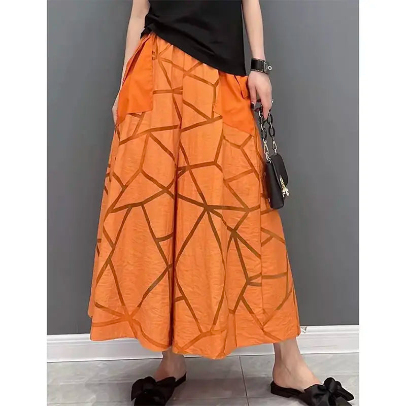 Plus Size Summer High Waist Pants Women 2024 Vintage Wide Leg Pants Casual Irregular Nine Points Ladies Trousers