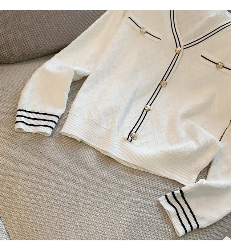 Women Knitted 2 Piece Suit Sweater cardigan Top And Pant Two Piece Set Matching Outfit  Stripe Elegant Chic Winter Clothing