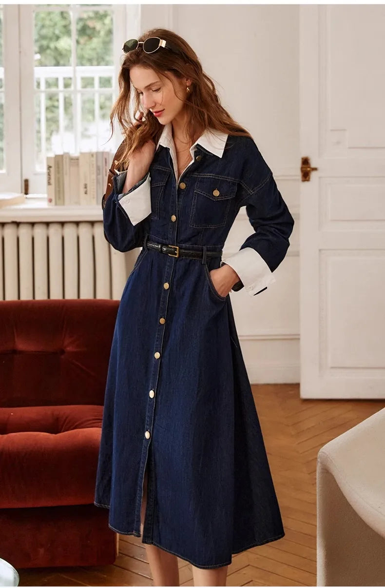 French Retro Blue Denim Lapel Dress