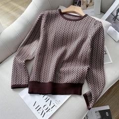 Vintage Women O Neck Knitted Two Piece Set Autumn Winter Striped Thick Long Sleeve Sweater + High Quality A Line Midi Skirt Suit