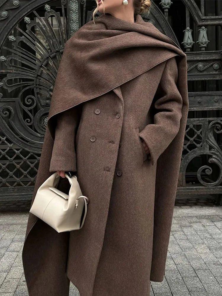 2024 Brown Scarf Collar Wool Overcoat with Belt - Trendy Mix