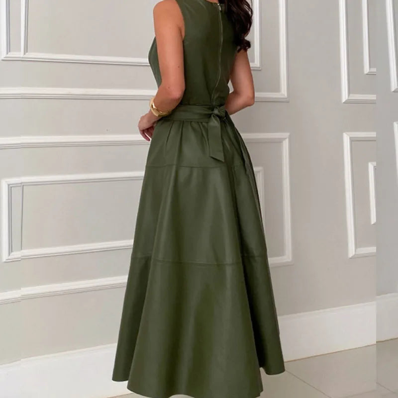 Sexy Ladies Sleeveless Slim Evening Dress Elegant Solid Color Zipper Pleated Dress O Neck Lace Up Waist Long Dress