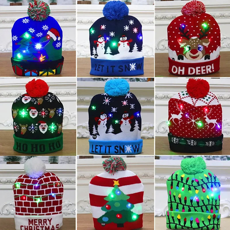 2025 Christmas Hat Santa Claus Hat LED Illuminated Cartoon Pattern Christmas Decorative Knitted Brimless Hat New Year Gift