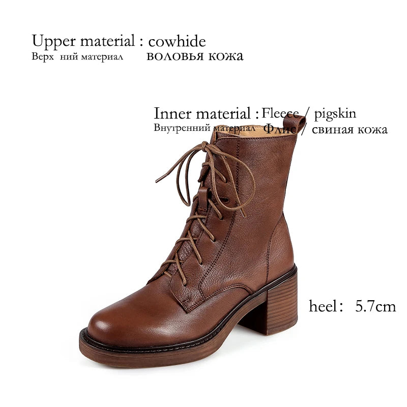 2024 Winter Genuine Leather Women Boots Round Toe Thick Heel Lace Up Fashion Ankle Boots Retro Boots  Platform Shoes Heels Grown