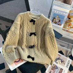 Vintage Knitted Cardigan with Bow for Women