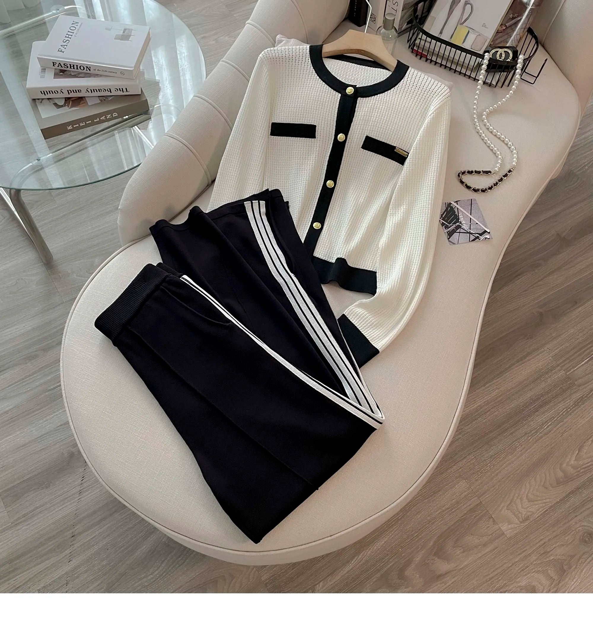 Women Knitted 2 Piece Suit Sweater cardigan Top And Pant Two Piece Set Matching Outfit  Stripe Elegant Chic Winter Clothing