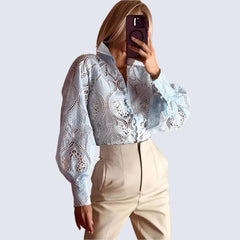 Hollow Out Solid Minimalist Blouses For Women Lapel Long Sleeve Patchwork Single Breasted Loose Casual Shirts Female Style