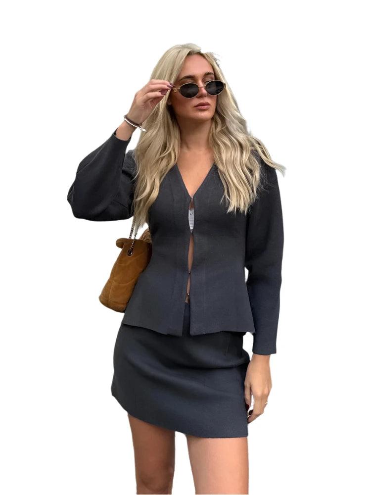 V-Neck Cardigan & High-Waist Mini Skirt Set