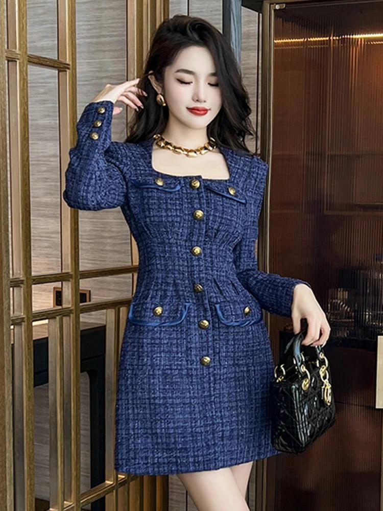 Elegant Retro Blue Tweed Mini Dress