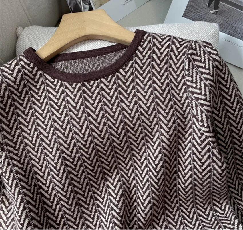 Vintage Women O Neck Knitted Two Piece Set Autumn Winter Striped Thick Long Sleeve Sweater + High Quality A Line Midi Skirt Suit