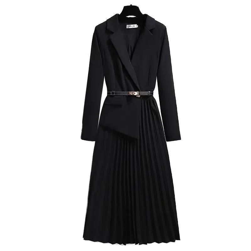 Fashion Woman Lapel Suit Fake Two-piece Dress +Belt High Quality Office Lady Long Vintage Pleated Vestidos 2024 Elegant Korean