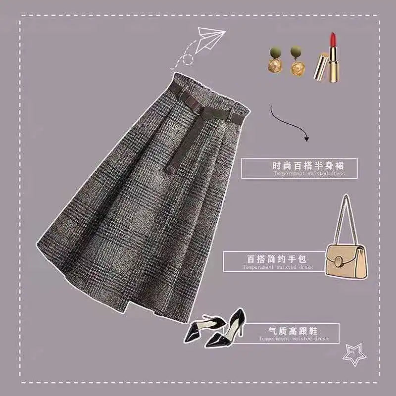 Autumn/Winter England Style Woolen Plaid Skirt for Women Retro Mid Length Irregular High Waist Loose Thick A-line Long Skirts