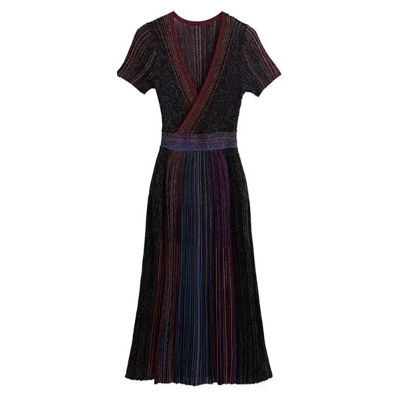 Women's Fashion Dress V-neck Long Sleeved Striped High Waisted Pleated Rainbow Casual Dress New for Autumn 2024 - Trendy Mix