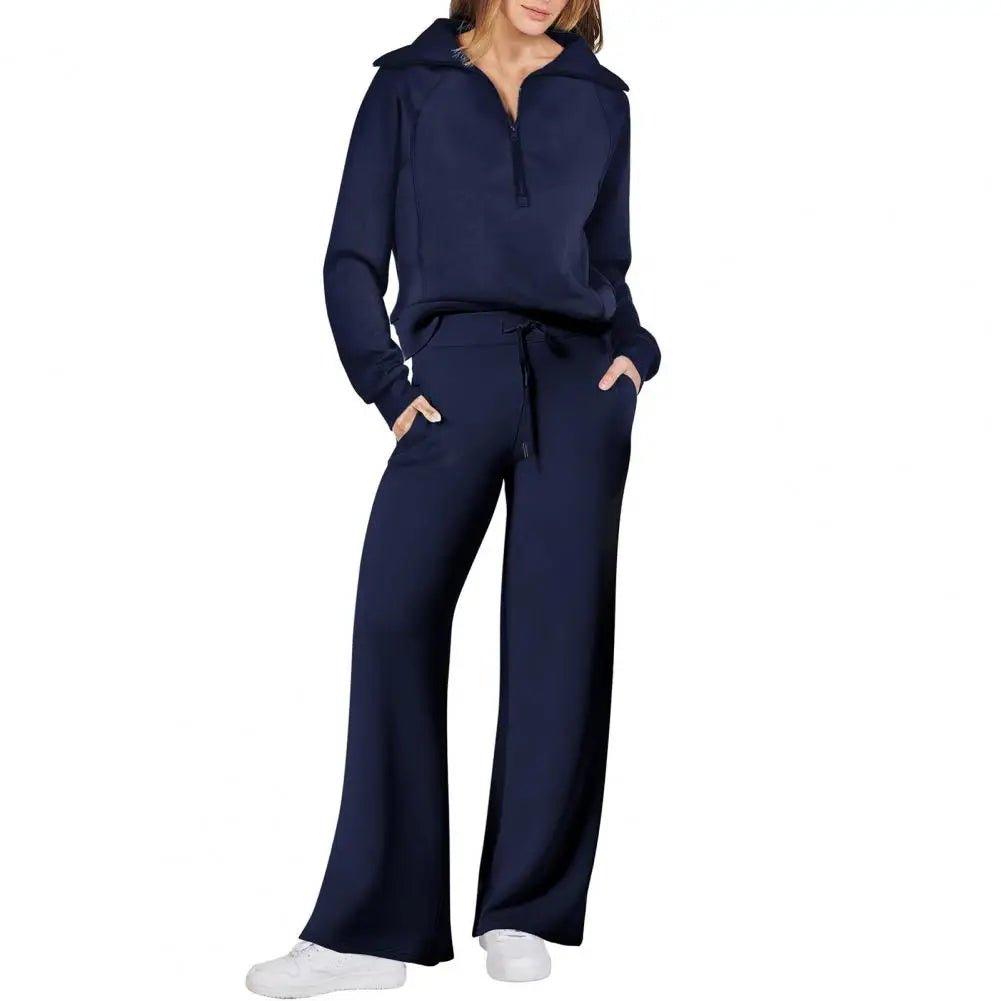 1Set Women Two - piece Suit Wide Leg Oversized Sweatshirt Pants Set Thick Loose Solid Color Tracksuit Set with Lapel Coat for Fall - Trendy Mix