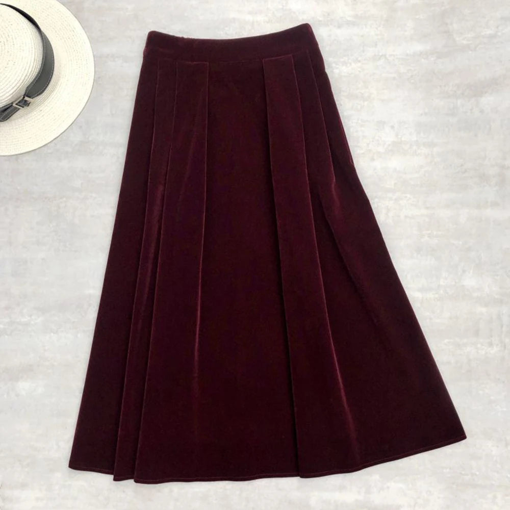 Korean Solid Color Velvet Skirts High Waist Women's Autumn Winter Skirts Pockets Side A Line Pleated Skirts