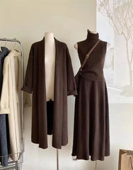 Cozy Thickened Knitted High Neck Tank Top Long Lapel Coat Loose Skirt Sweater 3 Pieces Set Solid Winter Robe Ribbed Woman Sets