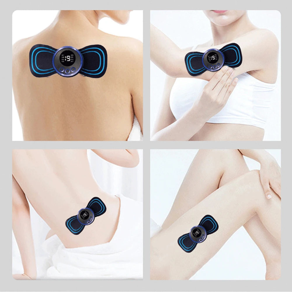 Portable electric neck massager with slim gel pad stickers.