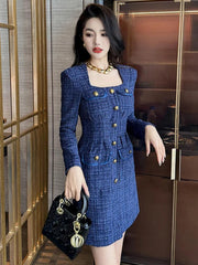 Elegant Retro Blue Tweed Mini Dress