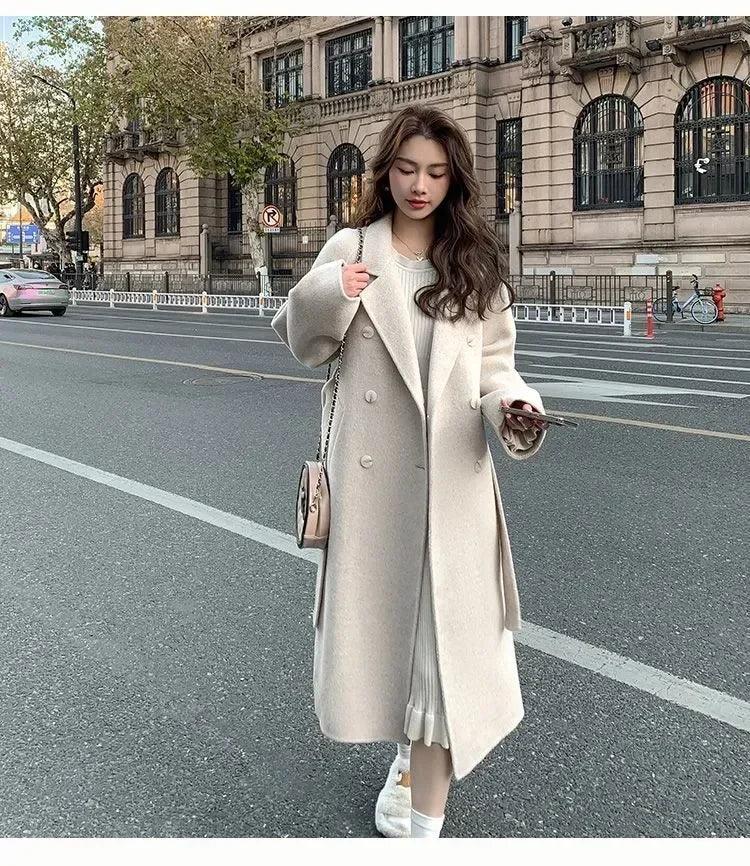 Elegant Comfort: 2024 Korean Loose-Fit Belted Wool Overcoat