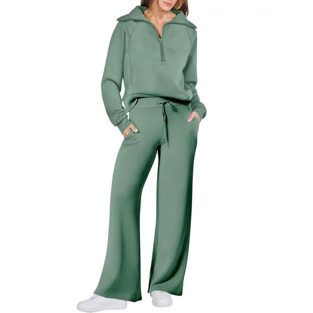 1Set Women Two - piece Suit Wide Leg Oversized Sweatshirt Pants Set Thick Loose Solid Color Tracksuit Set with Lapel Coat for Fall - Trendy Mix