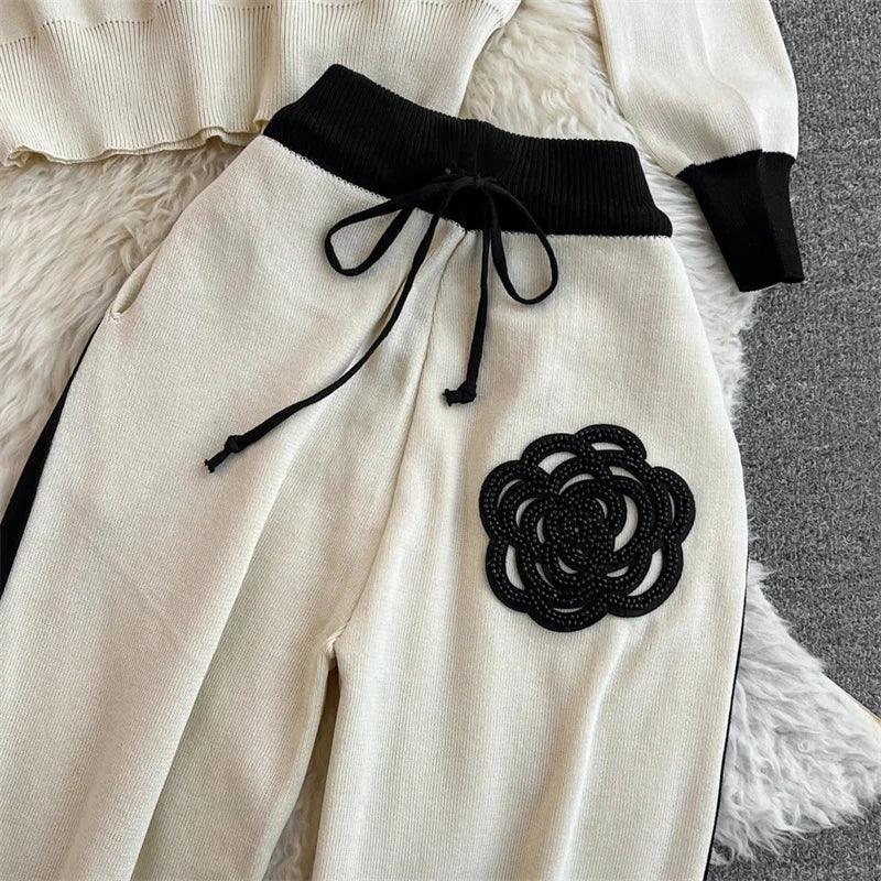 Women's Knitted Sets Tracksuit Pants Suits Autumn New Long Sleeve Flower Pullover Sweater + Wide Leg Pants Casual Two-piece Sets