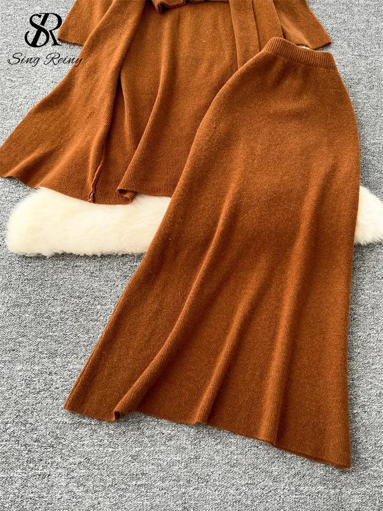 3PC Sweater Set: Cardigan, Turtleneck & Skirt - Trendy Mix